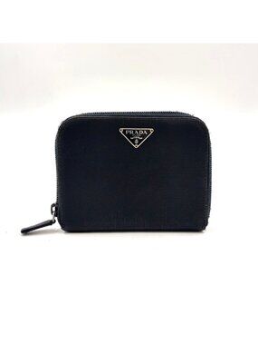 Prada Zip Around Leather Nylon Black Wallet Silver